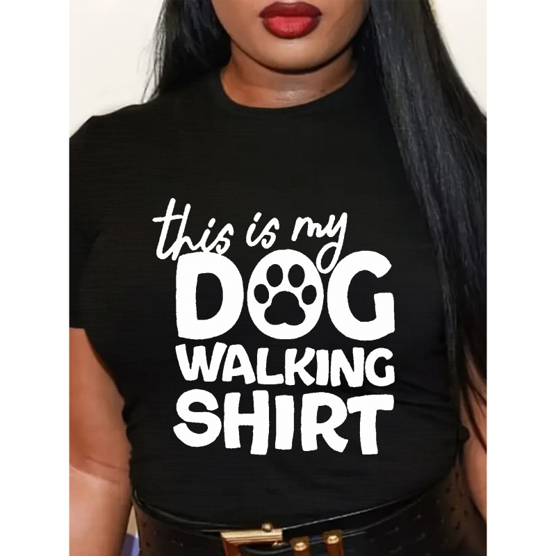 

Plus Size Casual T-shirt, Women's Plus Dog Footprint & Letter Print Short Sleeve Round Neck Medium Stretch T-shirt