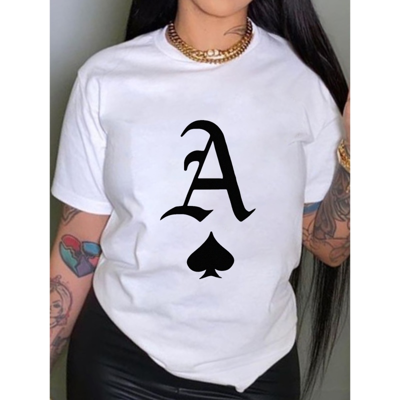 

Plus Size Casual T-shirt, Women's Plus Poker Spade A Print Short Sleeve Round Neck Medium Stretch T-shirt