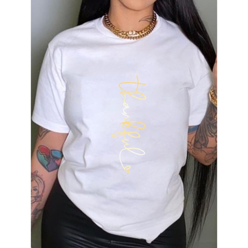 

Plus Size Casual T-shirt, Women's Plus Letter Print Short Sleeve Round Neck Medium Stretch T-shirt