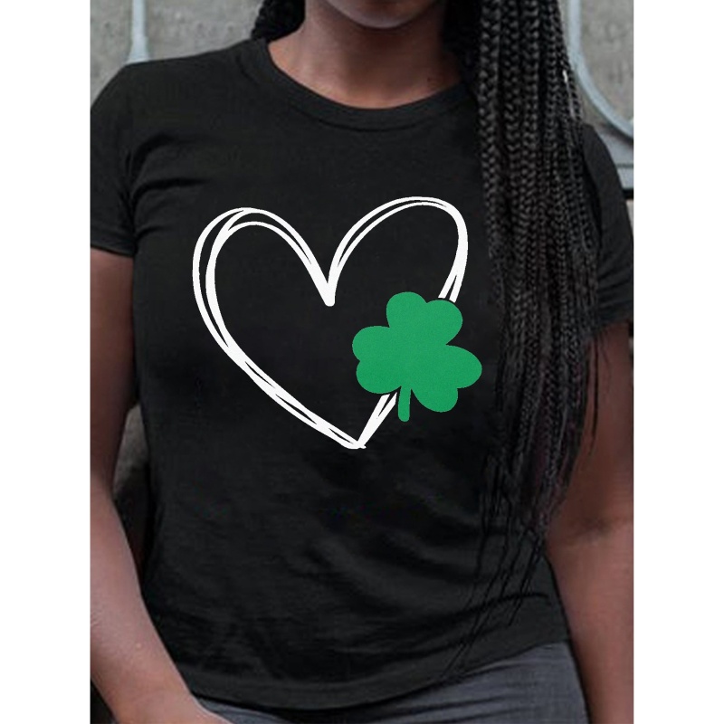 

Plus Size Patrick's Day Casual T-shirt, Women's Plus Heart & Clover Print Short Sleeve Round Neck Medium Stretch T-shirt