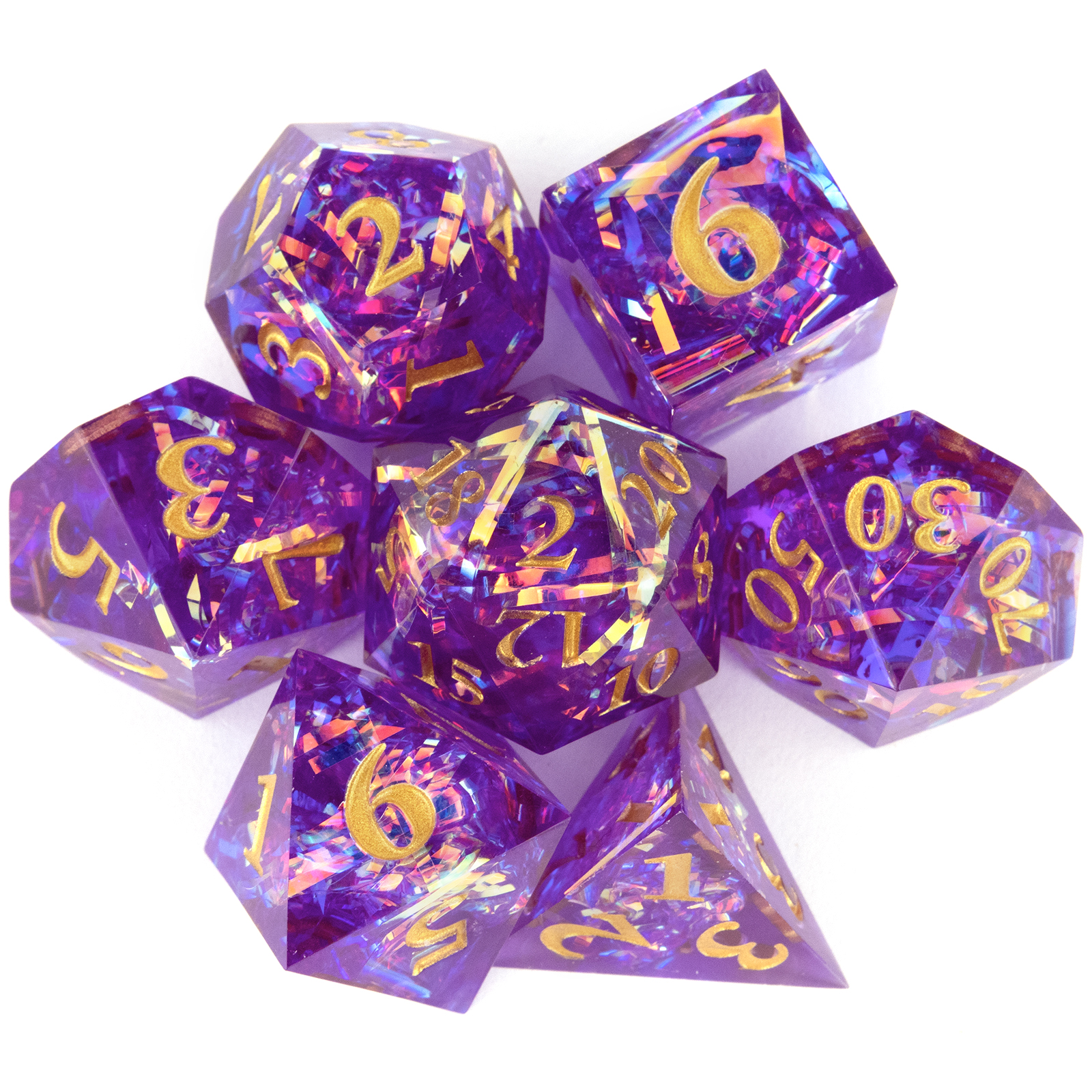 7pcs-purple-resin-golden-number-sharp-edge-dice-polyhedral-dice-set