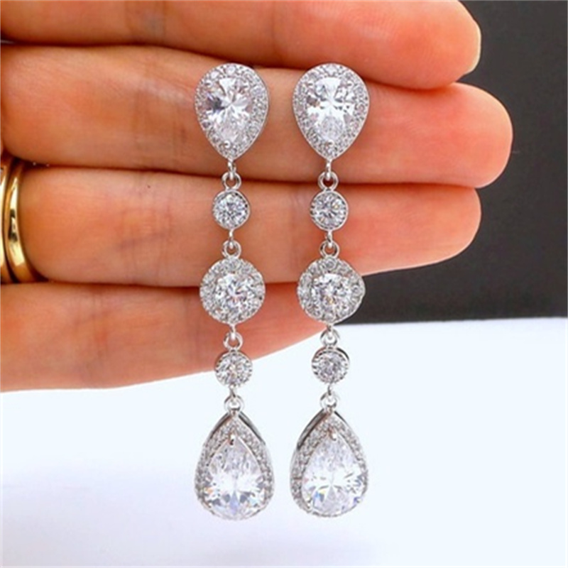 

Elegant Sparkling Zircon Decor Dangle Earrings Copper 925 Silver Plated Jewelry Wedding Bridal Engagement Accessories