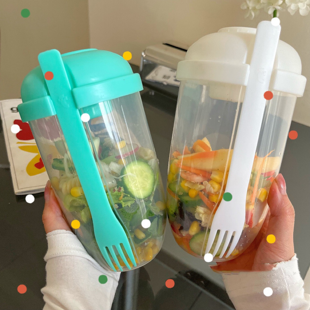 Lunch Box Salade avec Fourchette et Pot à vinaigrette - Vaisselle plastique  - Décomania