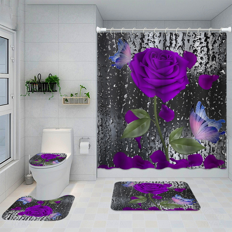 Shower Curtain Purple Rose Pattern Waterproof 12 Hooks Non - Temu