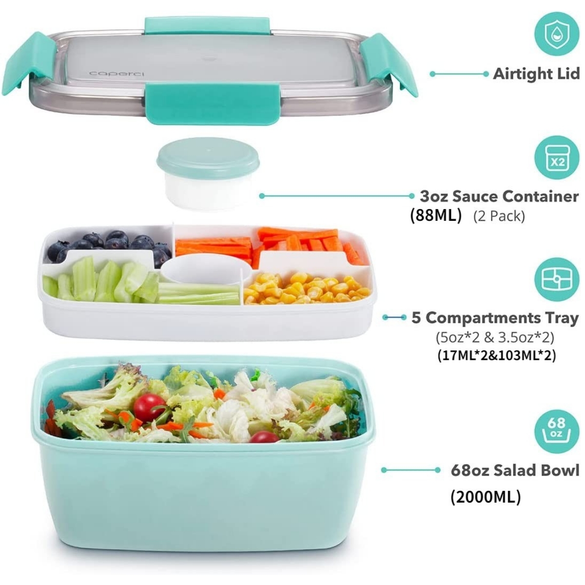 68-oz Salad Bento Box for Adults and Kids,Bento Lunch Box 68 oz Salad Bowl  with