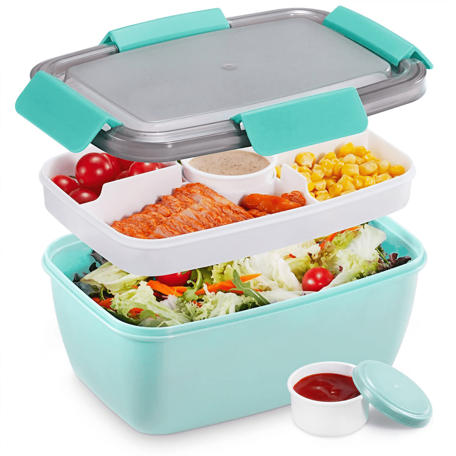 68-oz Salad Bento Box for Adults and Kids,Bento Lunch Box 68 oz Salad Bowl with 5-Compartment,Lunch Box Container with 1Pcs Salad Dressing Container