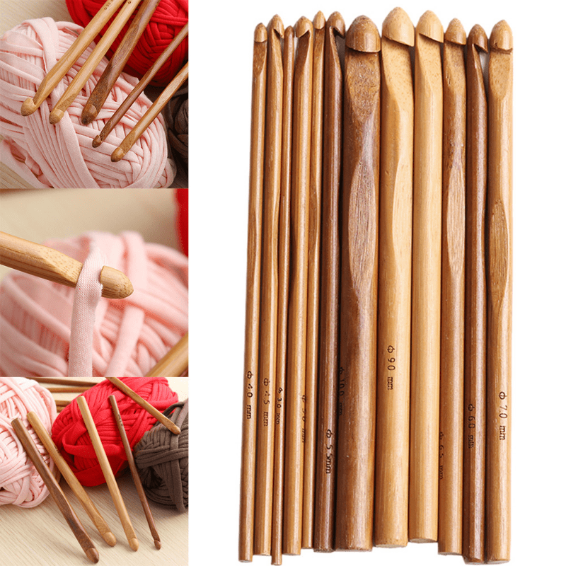 12Pcs/Set Natural Wooden Bamboo Crochet Hooks Set DIY Wooden Knitting  Needle
