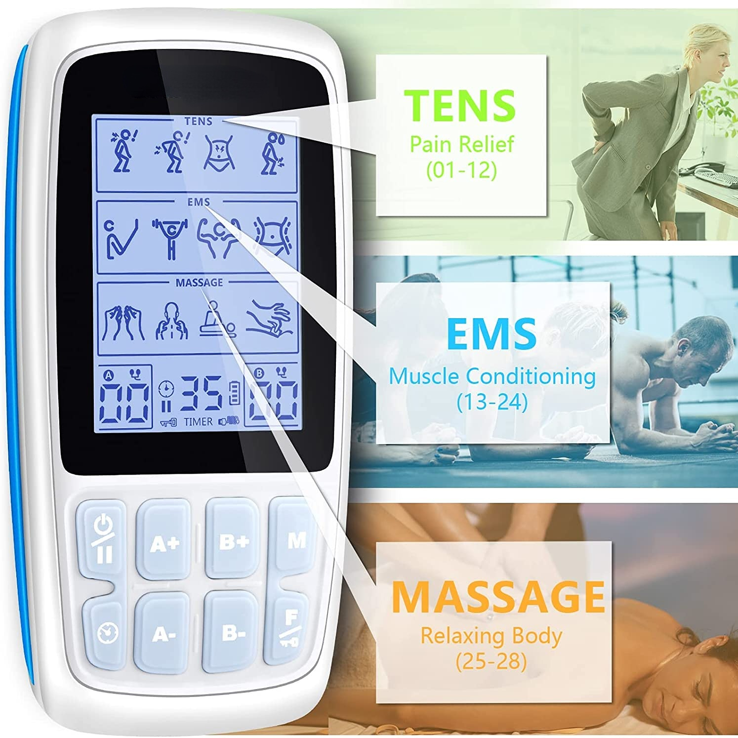 TENS EMS Unit Muscle Stimulator 24 Modes, Dual Channel, Rechargeable Pulse  Massager for Back, Neck, Muscle Pain Relief. with 12 Electrode Pads, ABS