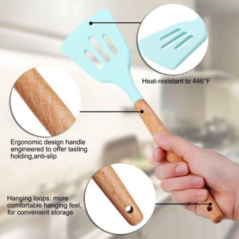 Silicone Kitchenware Cooking Utensils Set Non-stick Cookware Spatula Shovel  Egg Beaters Wooden Handle Kitchen Cooking Tool Set