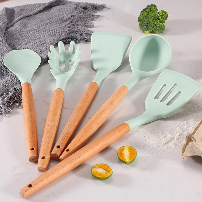1Pcs Mint Green Silicone Cooking Utensils Set Non-Stick Spatula Shovel  Wooden Handle Cooking Tools Set Kitchen Tool Accessories