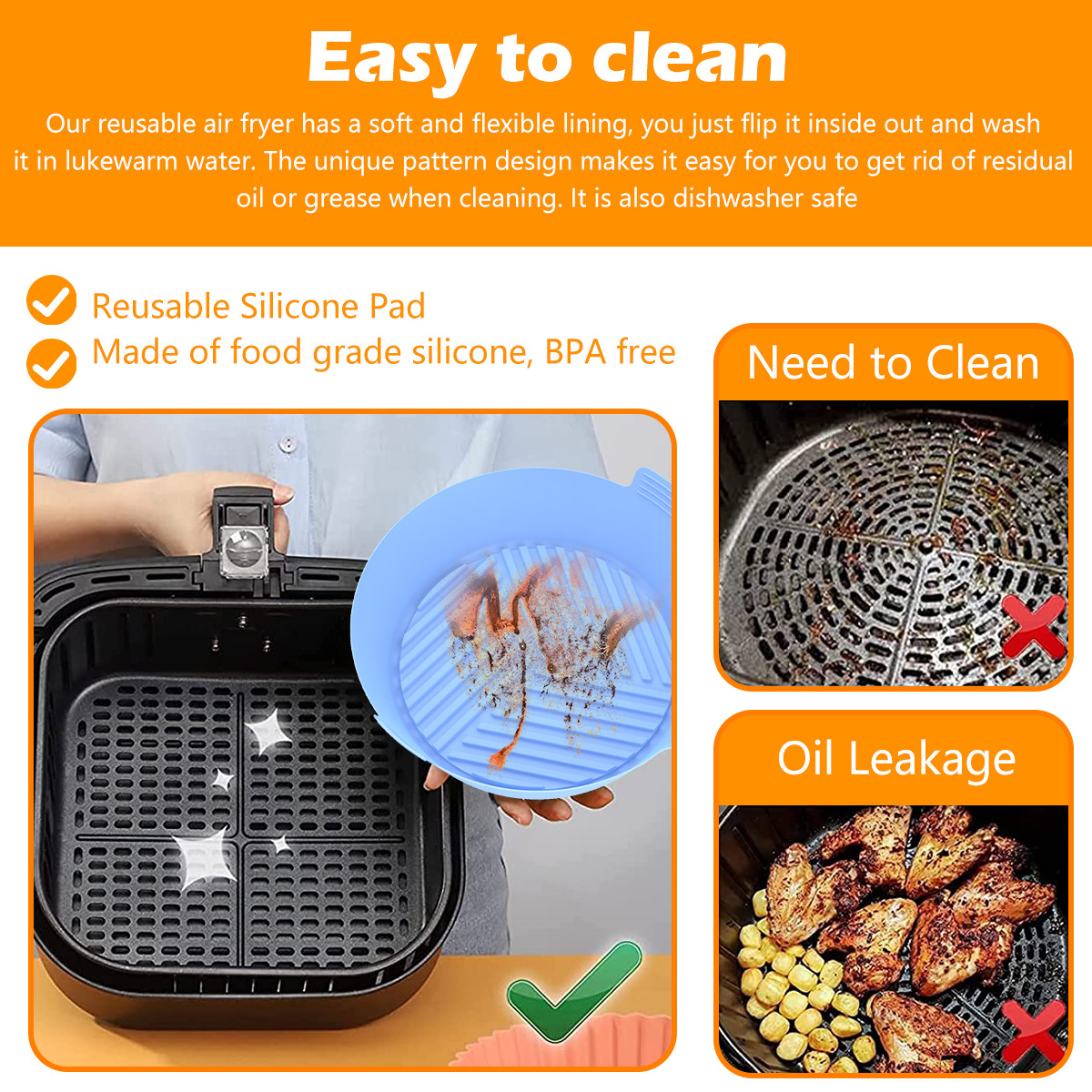 2X Reusable Air Fryer Liners Round Non-Stick Silicone Pad Mat
