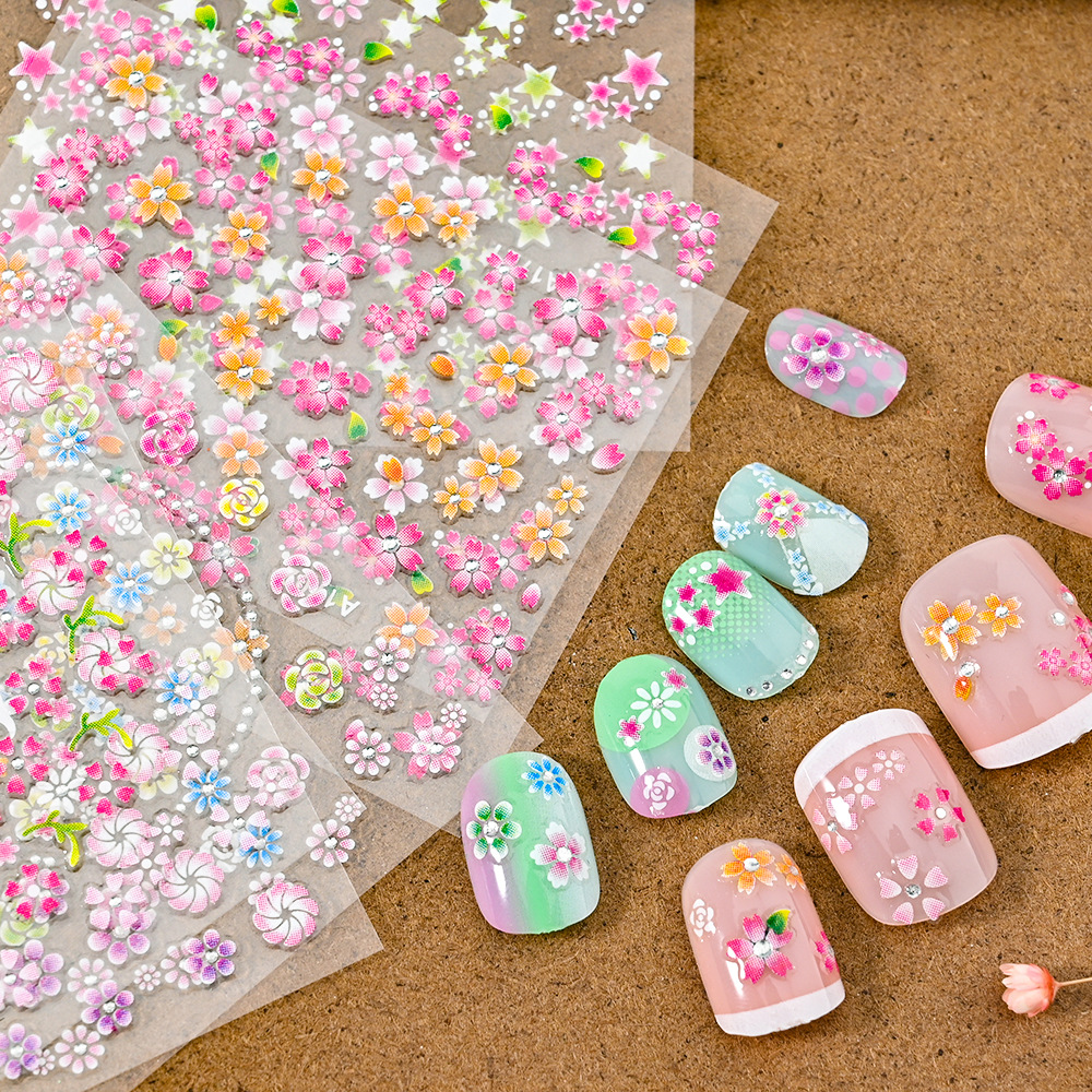 

24 Pcs Summer Flower Nail Art Stickers - 5d Embossed Flower Leaves For Self-adhesive Nail Design Decoration