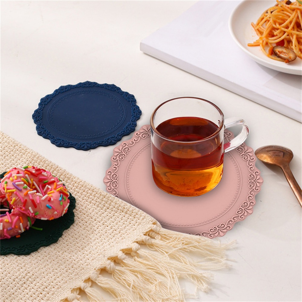 Silicone Placemat Round Flower Coffee Dinner Table Mat 34CM Embossed Pink  Coaster Heat Resistant Kitchen Tableware Dining Mat