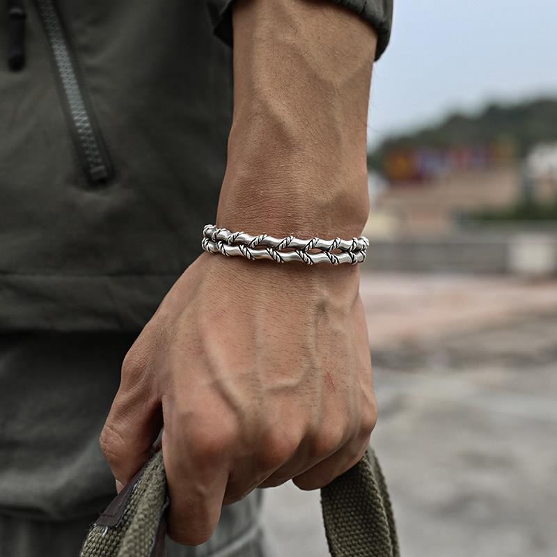 Men's Vintage Woven Double Layer Bamboo Punk Open Bracelet