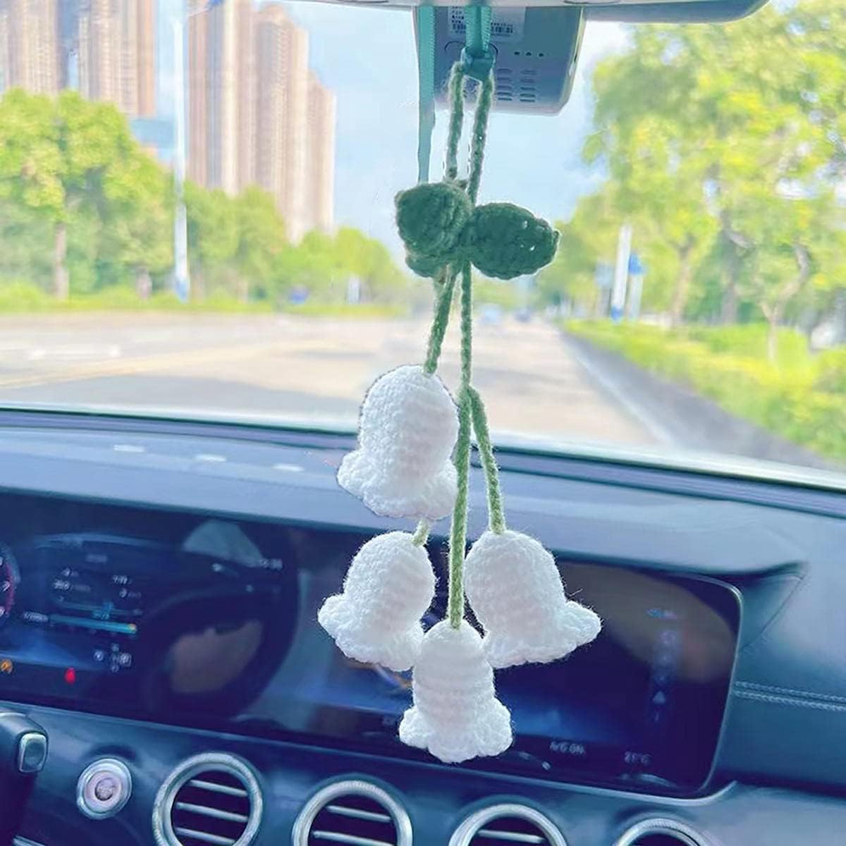 Exquisite Bellflower Car Rear View Mirror Accessories,Hand Woven Car Mirror  Hanging Accessories,Cute Car Charms for Women Aesthetic Fits