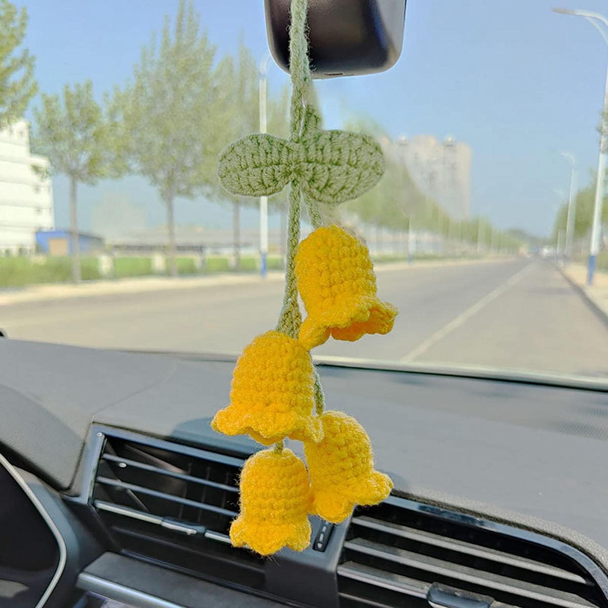 QKHEE Car Mirror Hanging Accessories Cute Car Accessories for Women Interior Six Color Bellflower Hand Knitted Car Rear View Mirror Decor Crochet