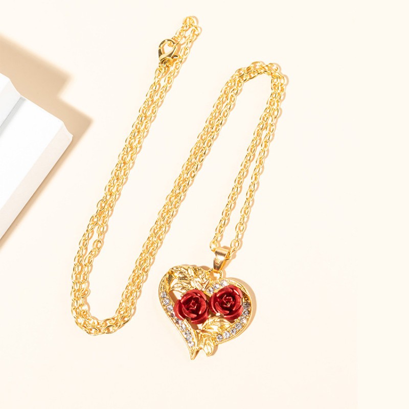 Women's Rose Flower Heart-Shaped Rhinestone Pendant Necklace