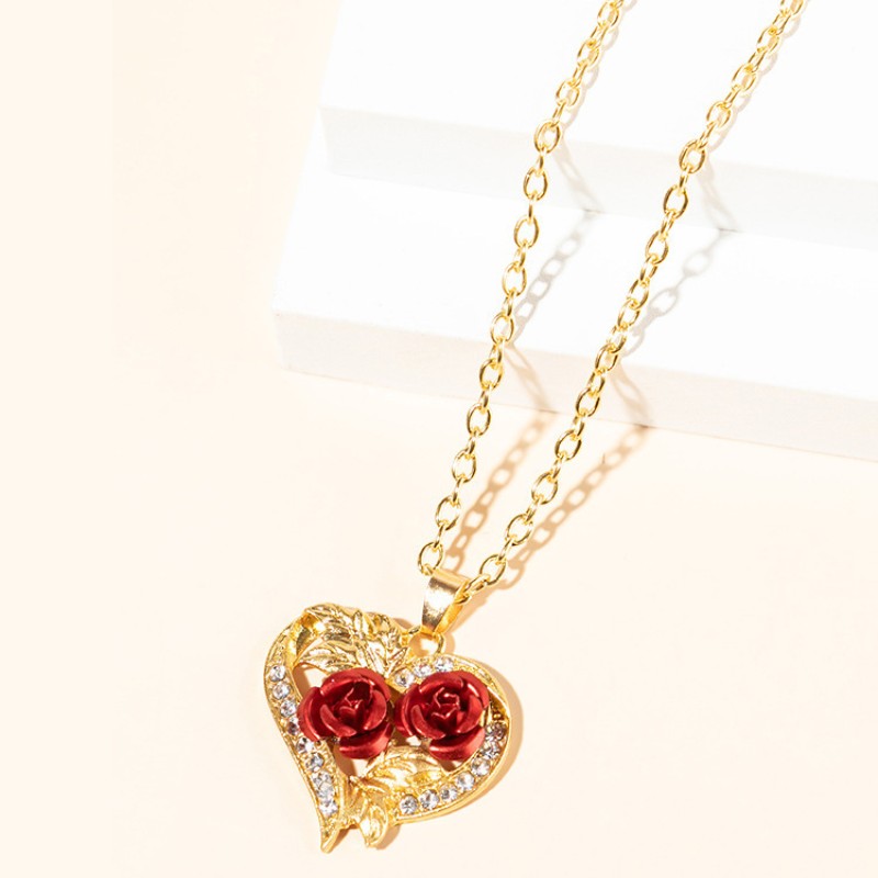 Women's Rose Flower Heart-Shaped Rhinestone Pendant Necklace