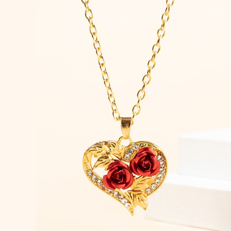 Women's Rose Flower Heart-Shaped Rhinestone Pendant Necklace