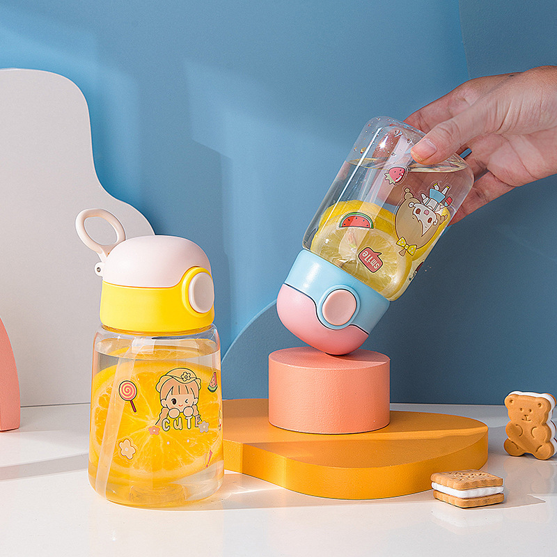 420ml Kid Water Bottle with Straw Cute Cartoon Leak Proof Food