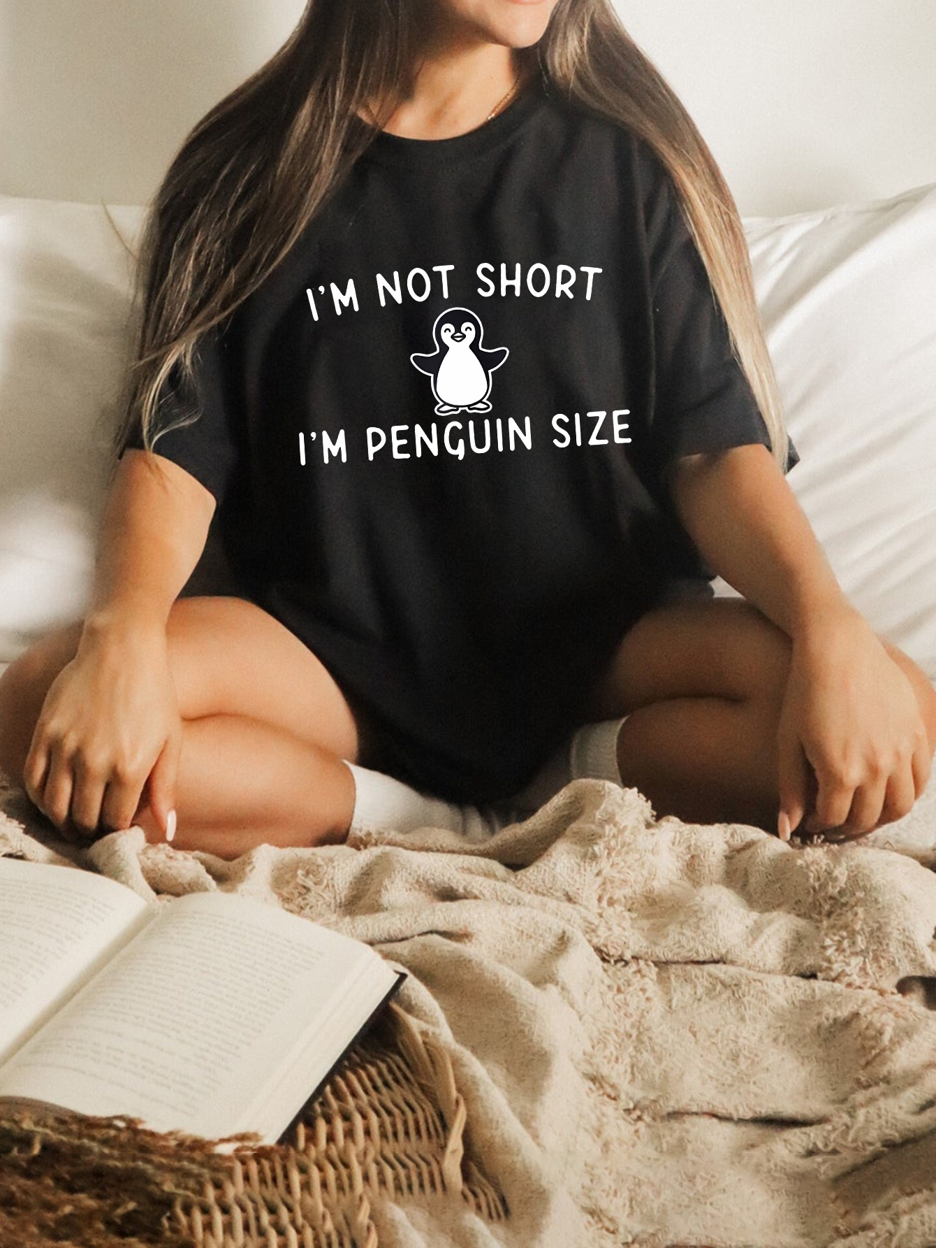 Plus Size Animals & Letter Print Applique Round Neck T-Shirt, Blouses, Tee, Women's Cotton Casual Penguin Short Sleeve Stretch T-shirt,Temu