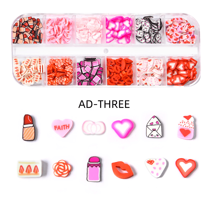  7 Grids Color Assorted 3D Nail Charms Set Heart