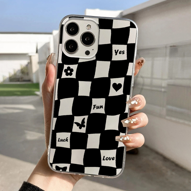 Capa de telefone com padrão gráfico xadrez para iPhone 14, 13, 12