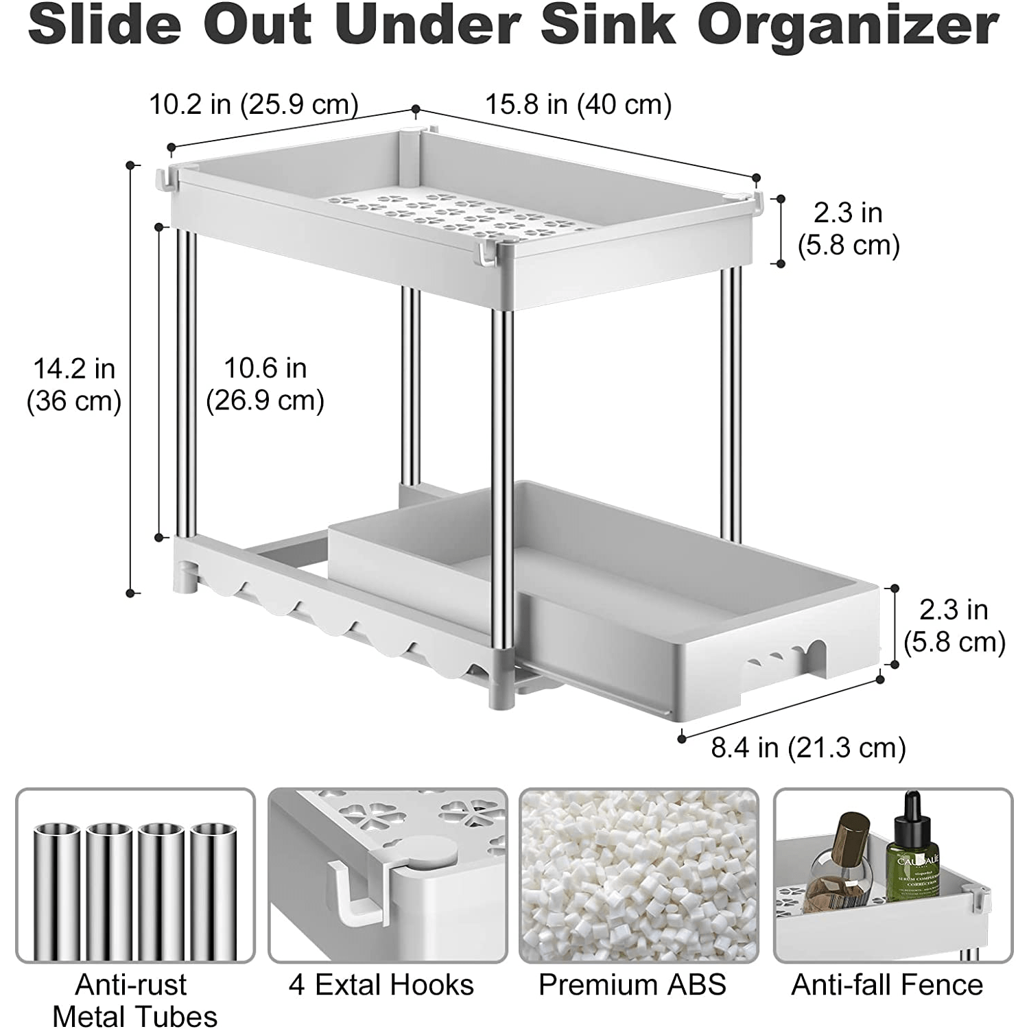 2 Tier White Bathroom Sink Organizer Pull-Out Sliding Storage Drawer