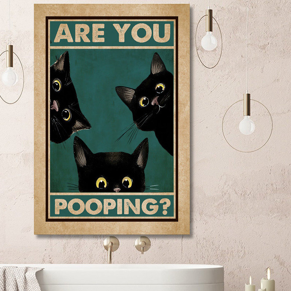 1pc, Are You Pooping Bathroom Poster Funny Bathroom Sign Canvas Print Cute  Black Cat Quote Art For Painting Wall Picture Toilet Decor , Halloween Deco