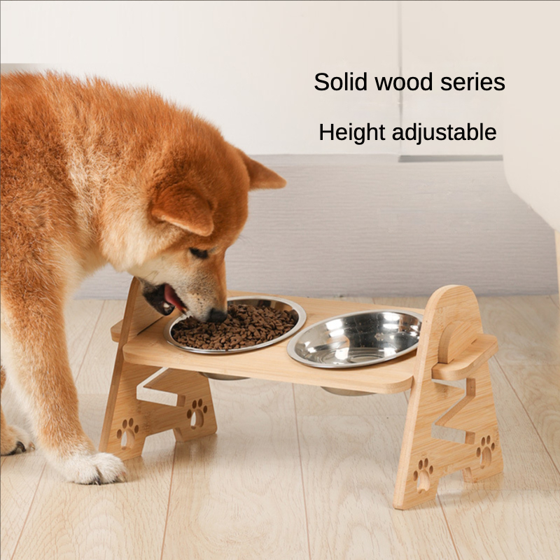 Elevated Dog Bowls, Adjustable Raised Dog Bowl Stand Feeder for Small Size Dogs and Cats, Durable Bamboo Dog Food Bowl Stand with 2 Stainless Steel