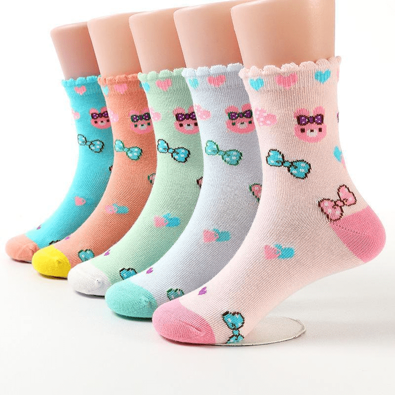 

5pairs Cute Rabbit Bowknot Heart Knit Socks, Soft Comfortable Thin Breathable Socks Boys And Girls Accessories