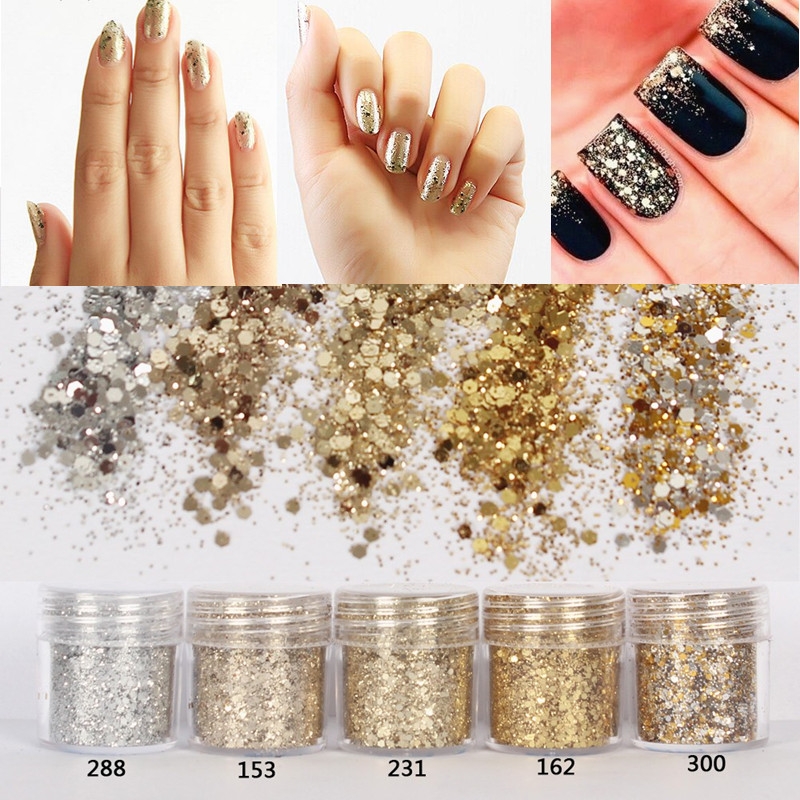 

10 ml de poudre à paillettes mélangées pour nail art, paillettes champagne dorées et argentées, décorations rondes non parfumées pour les ongles pour la manucure DIY