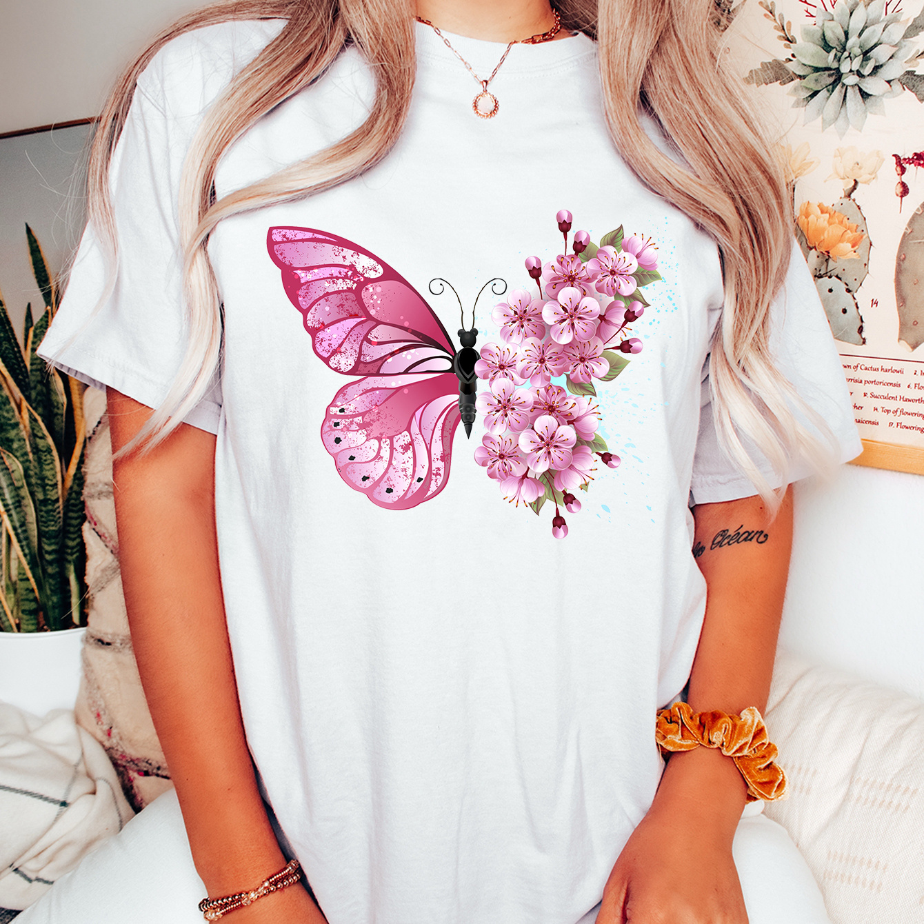 

Plus Size Casual T-shirt, Women's Plus Butterfly & Floral Print Short Sleeve Round Neck Slight Stretch T-shirt