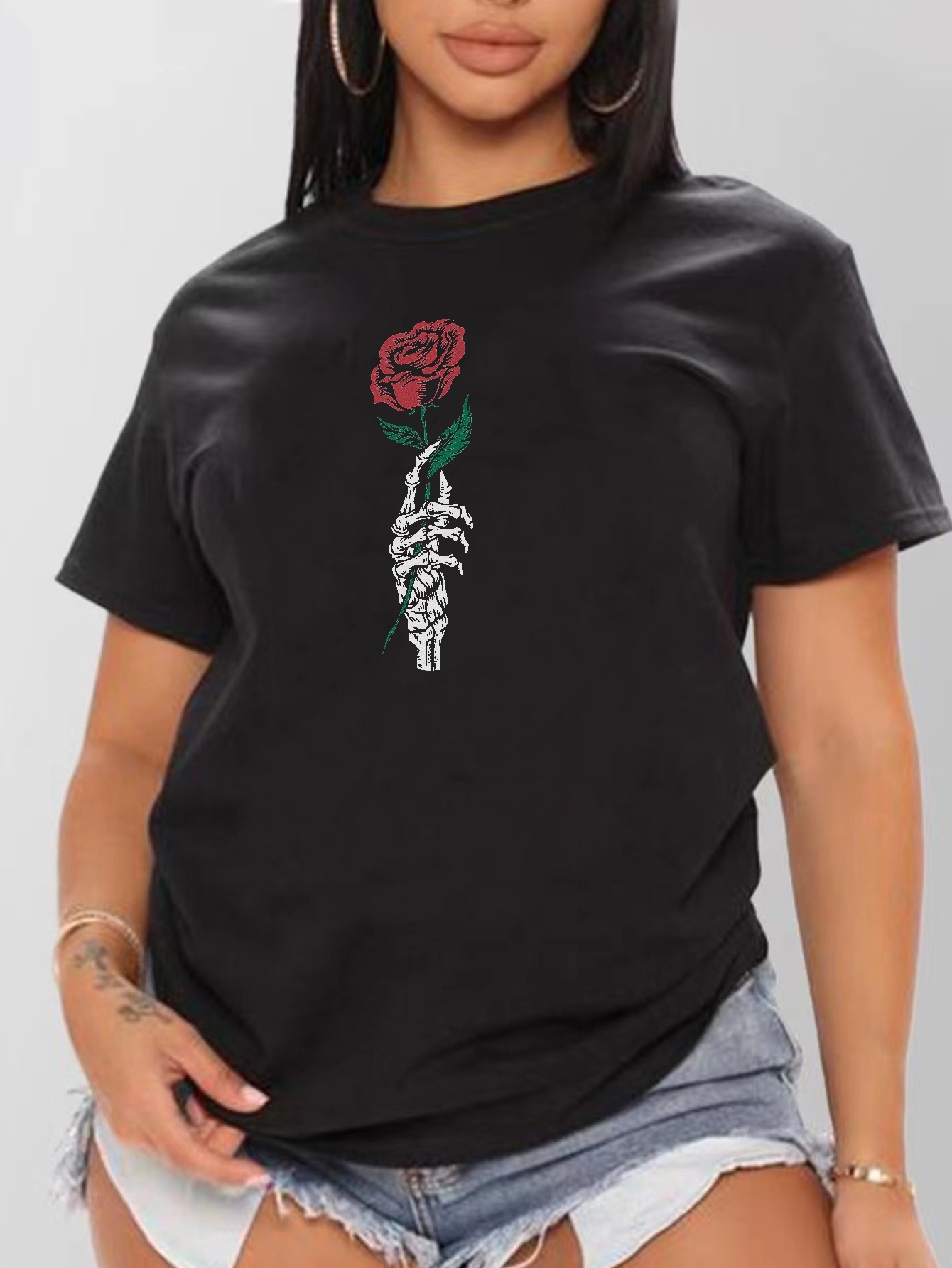 Plus Size Goth T-shirt, Women's Plus Skull & Rose Print Short Sleeve Round  Neck Slight Stretch T-shirt