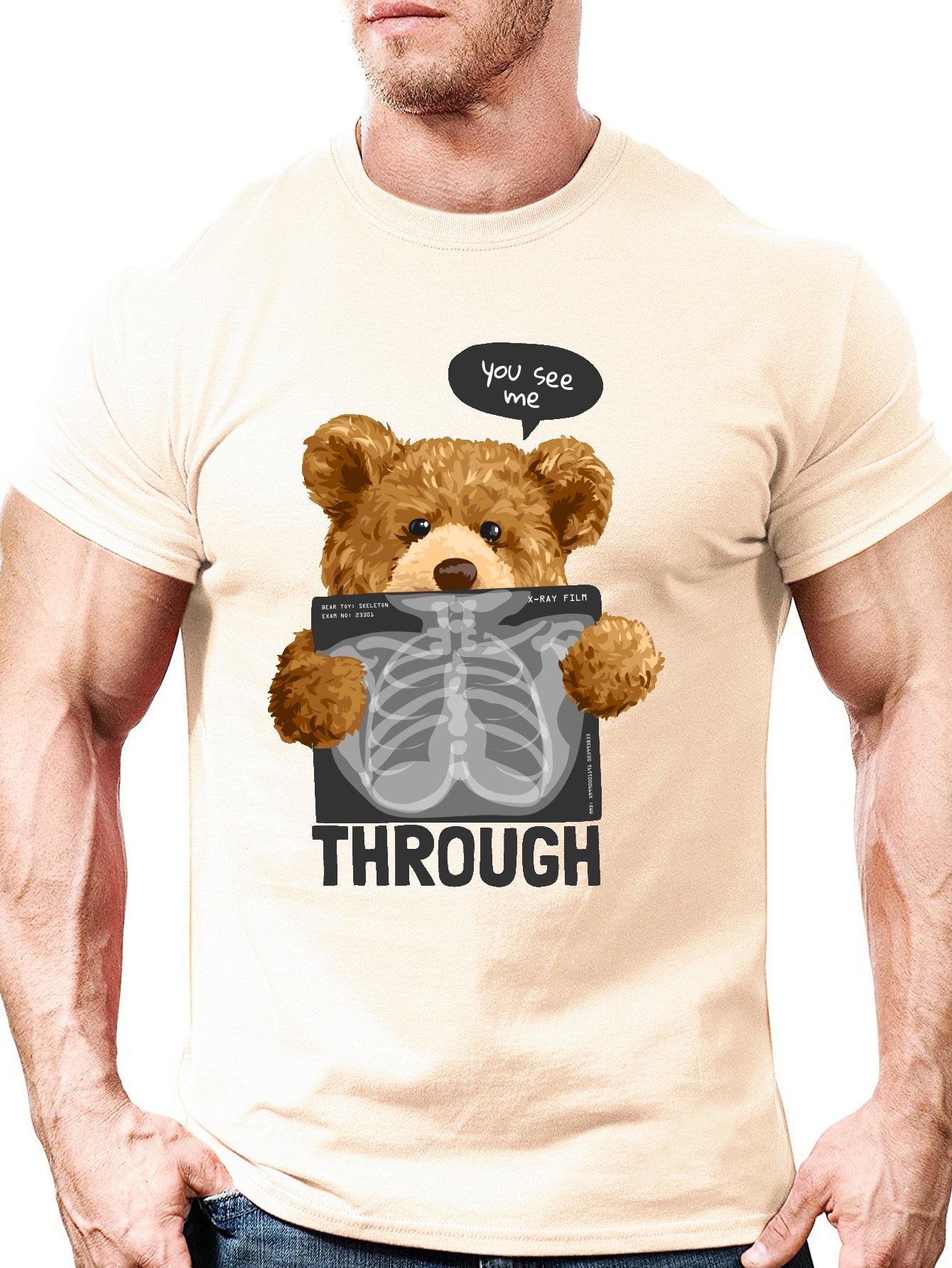 Men's Cartoon Bear X-ray Print Round Neck Short Sleeve T-shirt