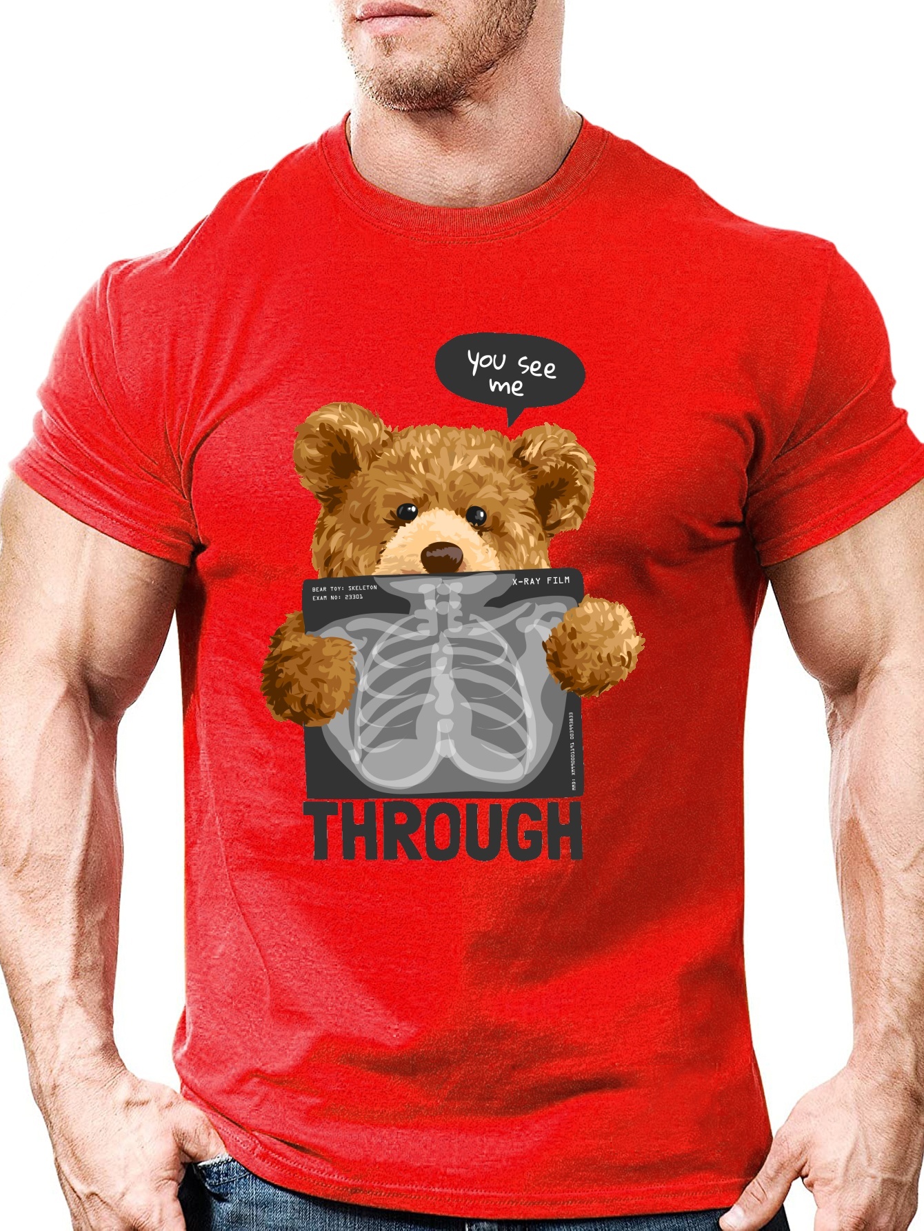 Men's Cartoon Bear X-ray Print Round Neck Short Sleeve T-shirt