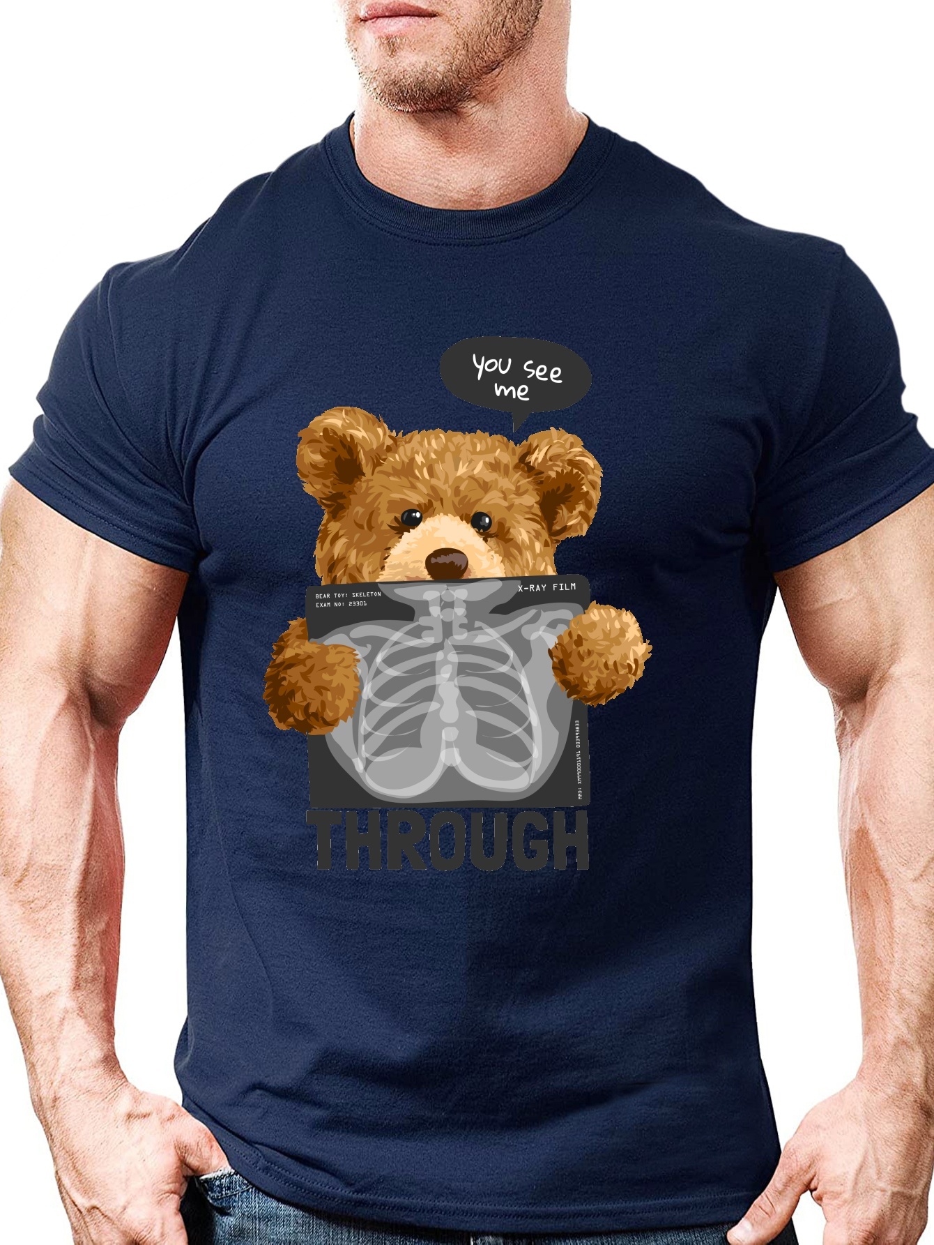 Men's Cartoon Bear X-ray Print Round Neck Short Sleeve T-shirt