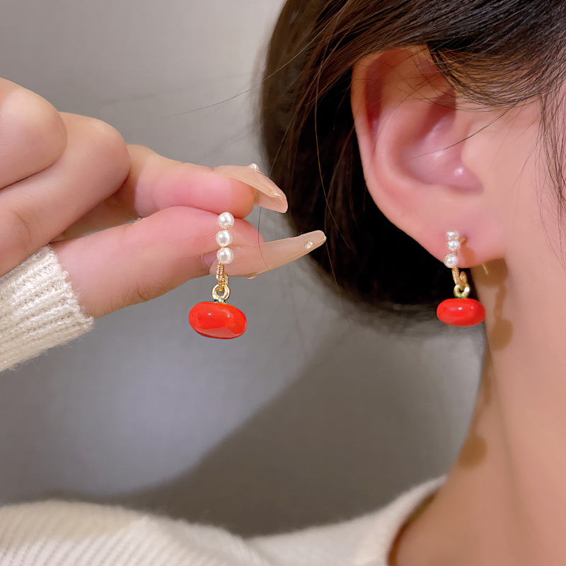 White Flower Green Leaf Red Strawberry Design Enamel Dangle Earrings  Elegant Cute Style Alloy 18k Gold Plated Jewelry Female Gift - Temu