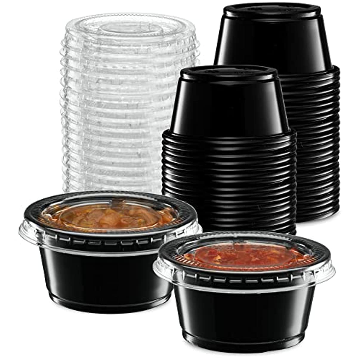  [130 Sets - 2 Oz ] Black Plastic Portion Cups, Jello Shot Cups,  Small Plastic Containers with Lids, Airtight Salad Dressing Container,  Dipping Sauce Cups, Condiment Cups for Lunch, Party to
