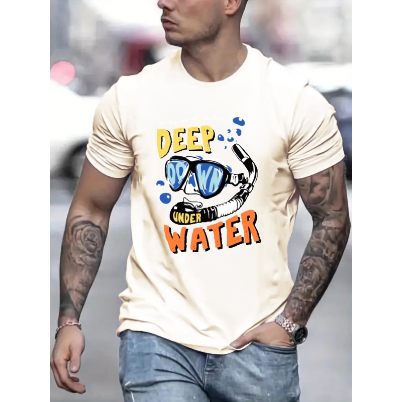 

Men's Trendy T-shirt For Summer Outdoor, Casual Underwater Letter Print Mid Stretch Crew Neck Tee Short Sleeve Graphic Stylish Top