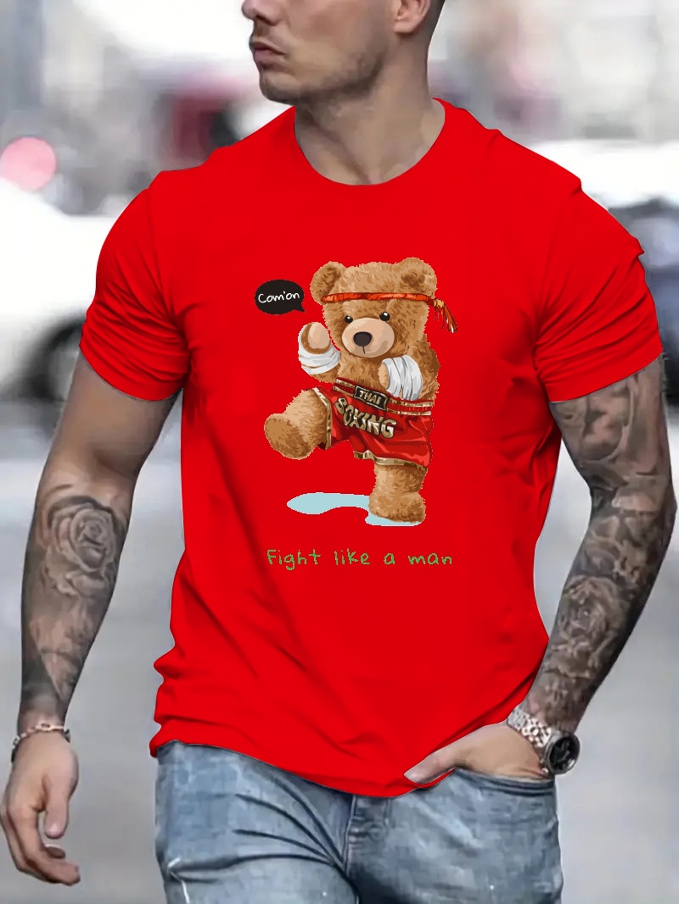 Men's Rich Teddy Bear Print Casual Round Neck Short Sleeve T-shirt - Temu