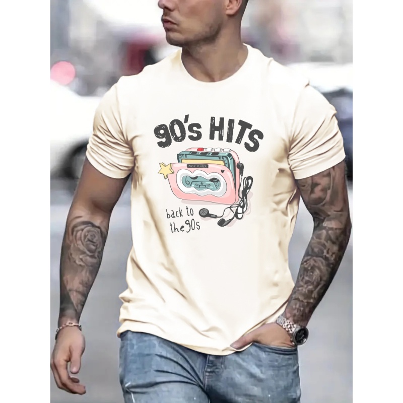 

90s Hit Men's Trendy T-shirt For Summer Outdoor, Casual Mid Tape Stretch Crew Neck Tee Short Sleeve Graphic Stylish Top