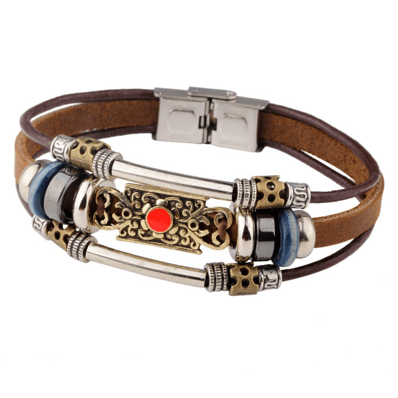 Men's Beaded Bracelet Retro Leather Layer