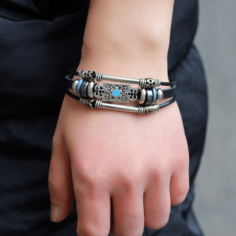 Men's Beaded Bracelet Retro Leather Layer