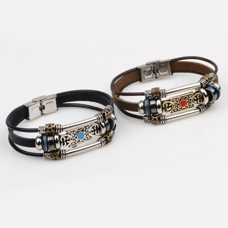Men's Beaded Bracelet Retro Leather Layer