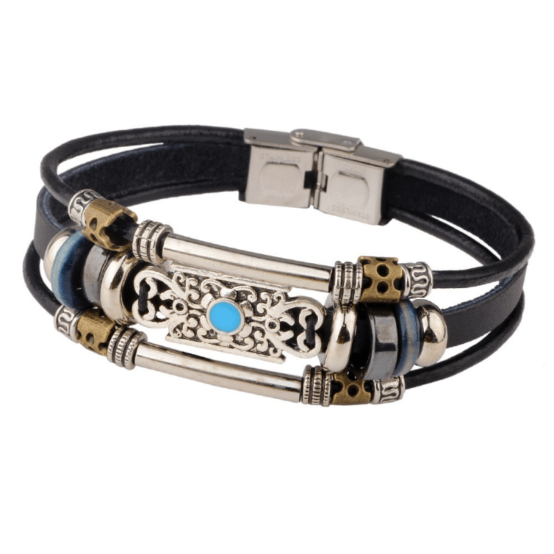 Men's Beaded Bracelet Retro Leather Layer