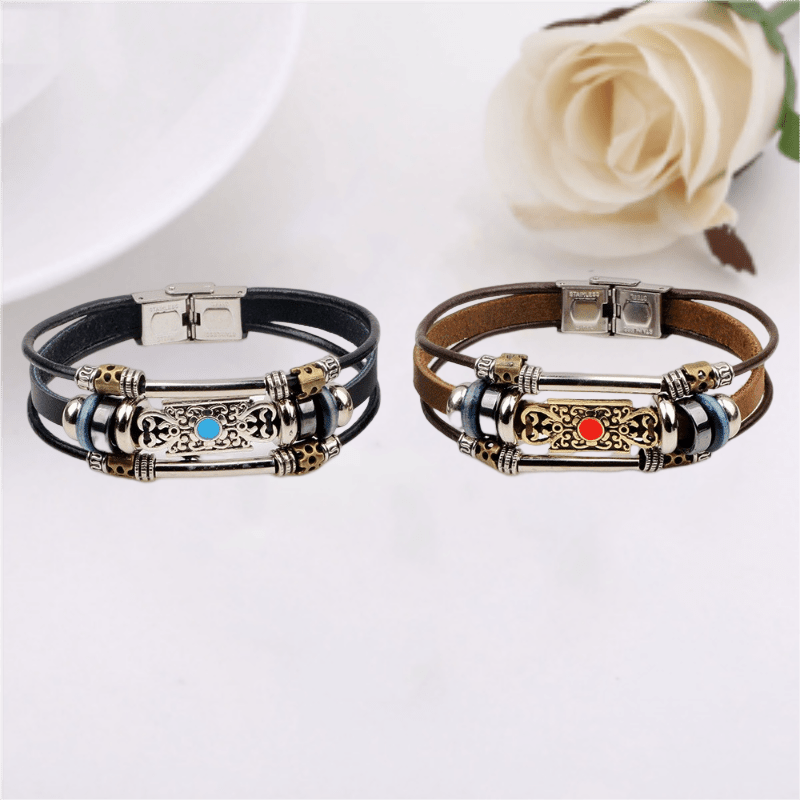 Men's Beaded Bracelet Retro Leather Layer