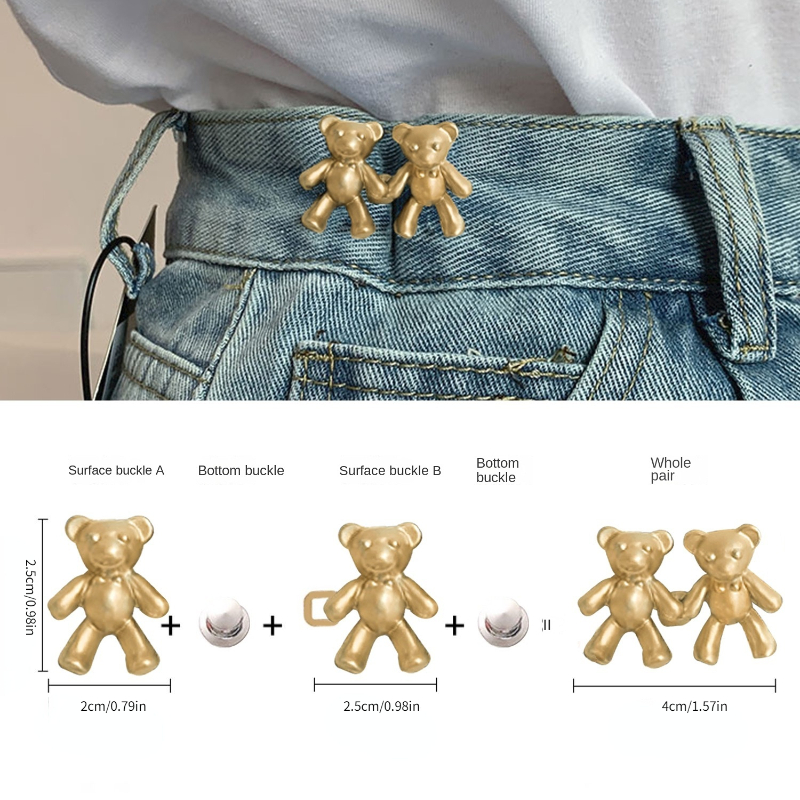 2 Sets - Cute Bear Jean Buttons Pins, Adjustable Waist Buckle