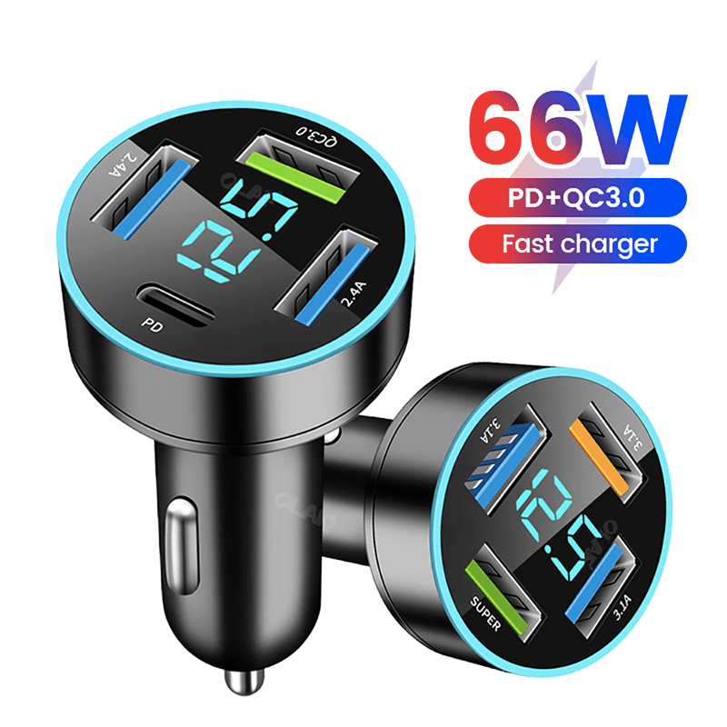 66W 4Port Car Charger PD USB Type C Fast Charging Car Phone Adapter