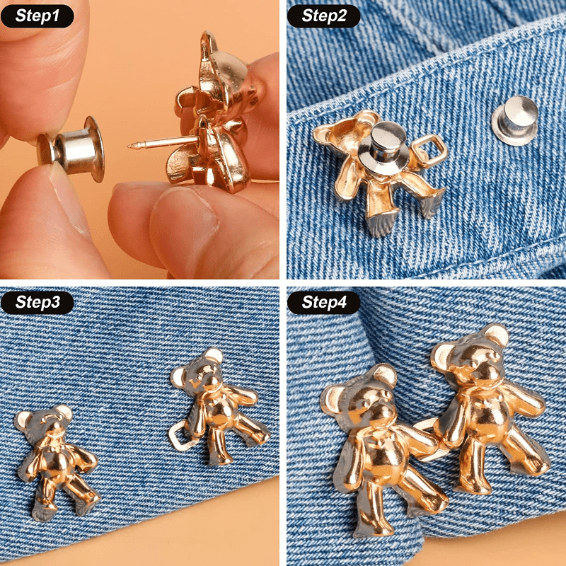 NOGIS Cute Bear Button Pins for Jeans, No Sew and No Tools Instant Pant  Waist Tightener, Adjustable Jean Buttons Pins for Loose 2 Sets Button